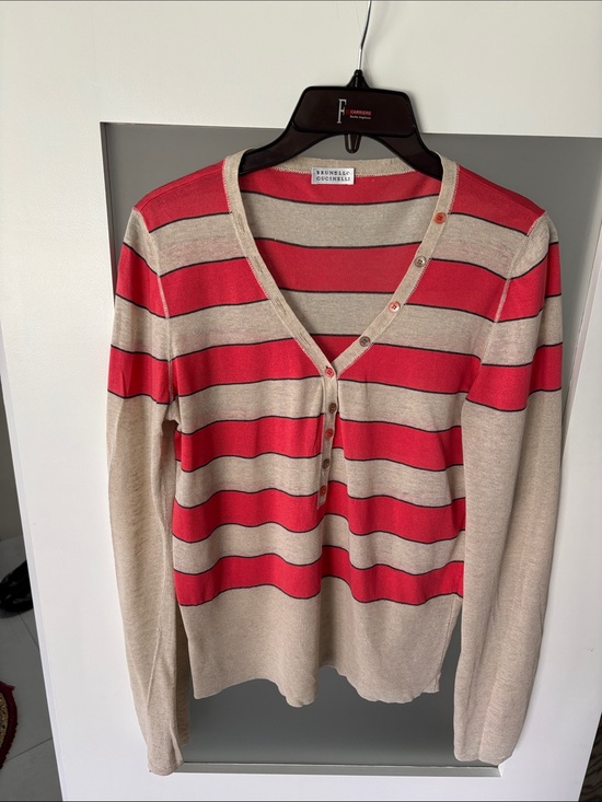 Brunello Cucinelli Tops - Brunello Cucinelli Striped Red and Beige Button-Front Cardigan